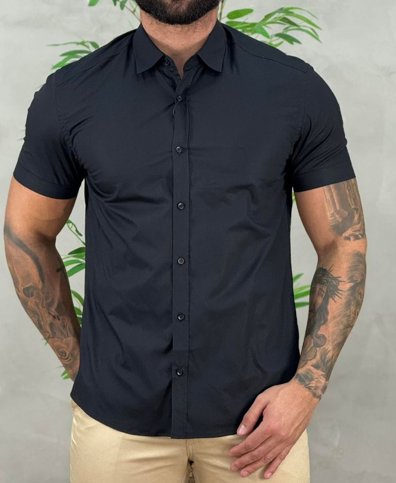 Camisa Social Preta Manga Curta Masculina Slim Stretch - Aramis