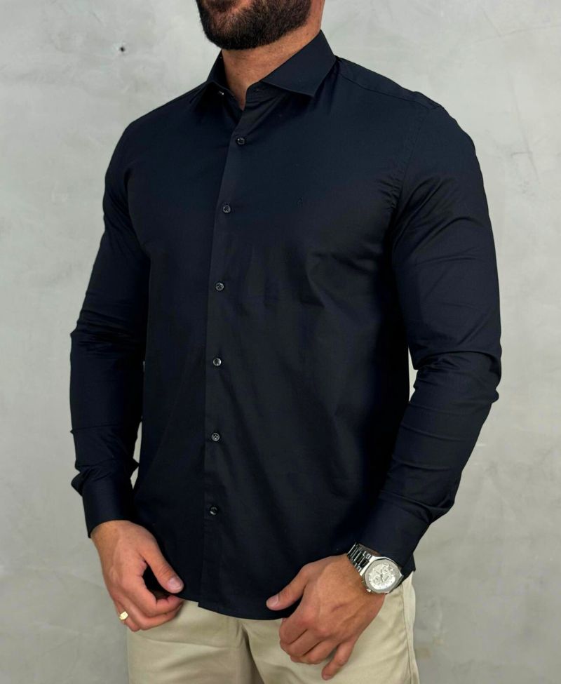 Camisa Social Preta Manga Longa Masculina Slim Stretch - Aramis