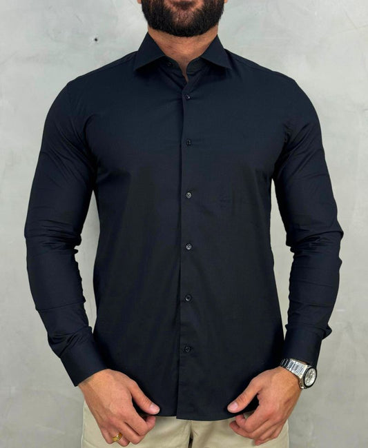 Camisa Social Preta Manga Longa Masculina Slim Stretch - Aramis