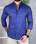 Camisa Social Azul Masculina Básica Acetinada - Per Pochi