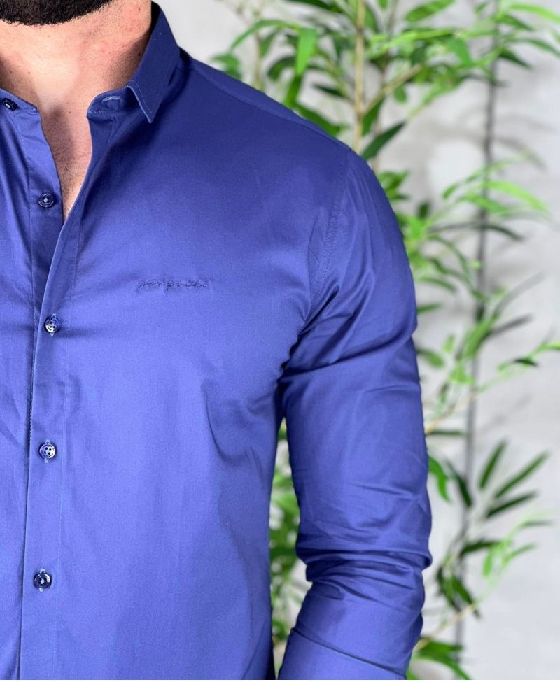 Camisa Social Azul Masculina Básica Acetinada - Per Pochi