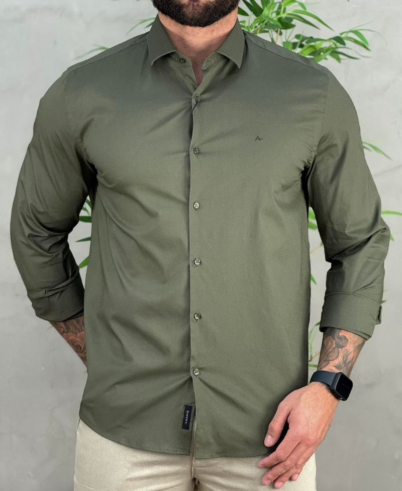 Camisa Social Verde Manga Longa Masculina Slim Stretch - Aramis