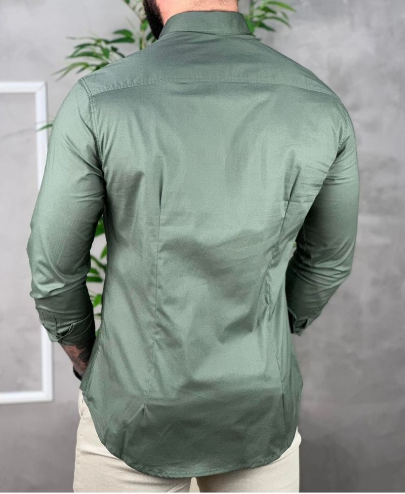 Camisa Social Verde Militar Masculina Básica - Per Pochi