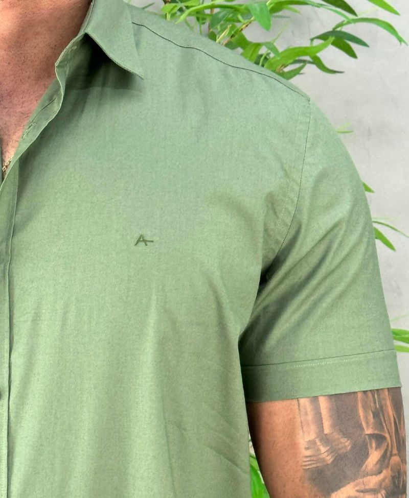 Camisa Social Verde Musgo Manga Curta Masculina Stretch Slim - Aramis