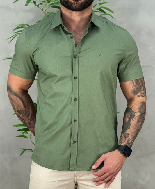 Camisa Social Verde Musgo Manga Curta Masculina Stretch Slim - Aramis