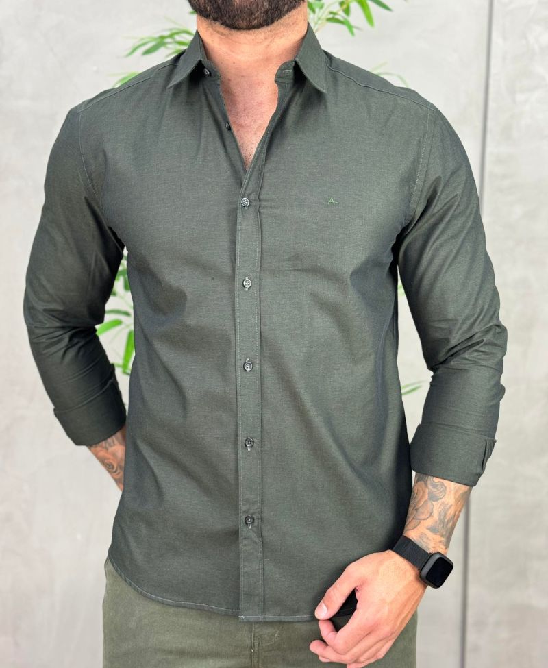 Camisa Verde Militar Manga Longa Masculina Slim - Aramis