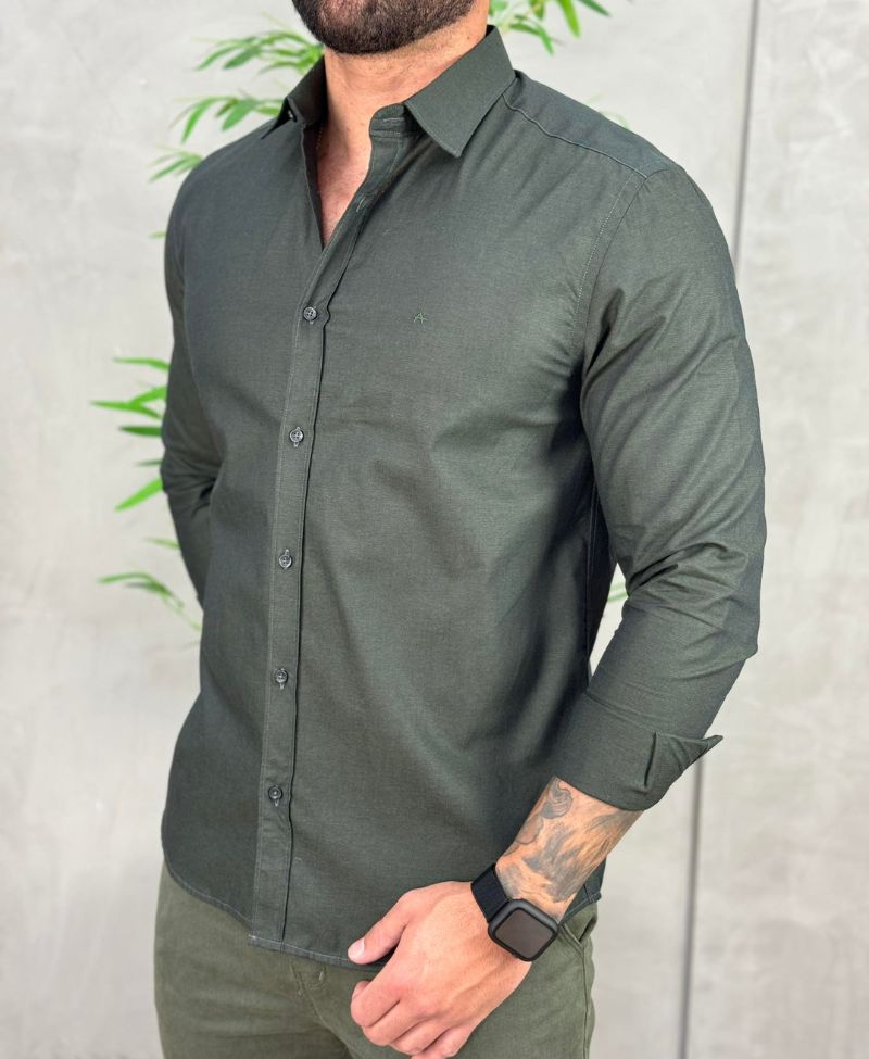 Camisa Verde Militar Manga Longa Masculina Slim - Aramis