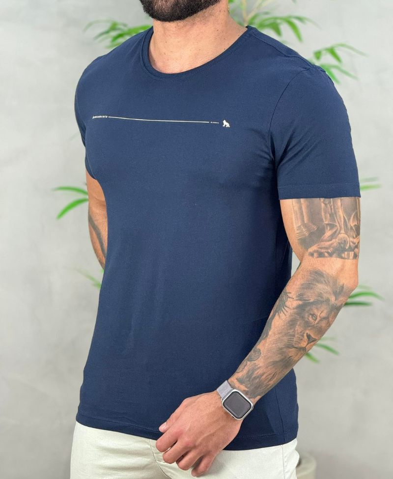 Camiseta Azul Marinho Casual Masculina Line Wolf - Acostamento