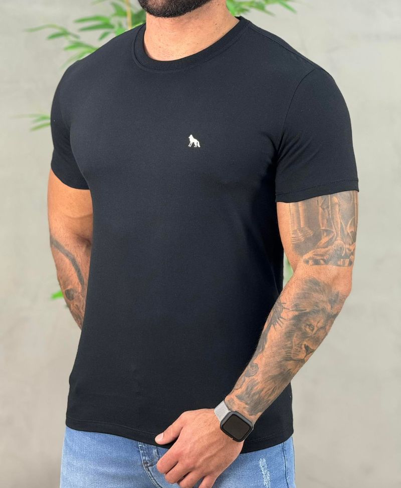 Camiseta Preta Casual Masculina Lobo Costas - Acostamento