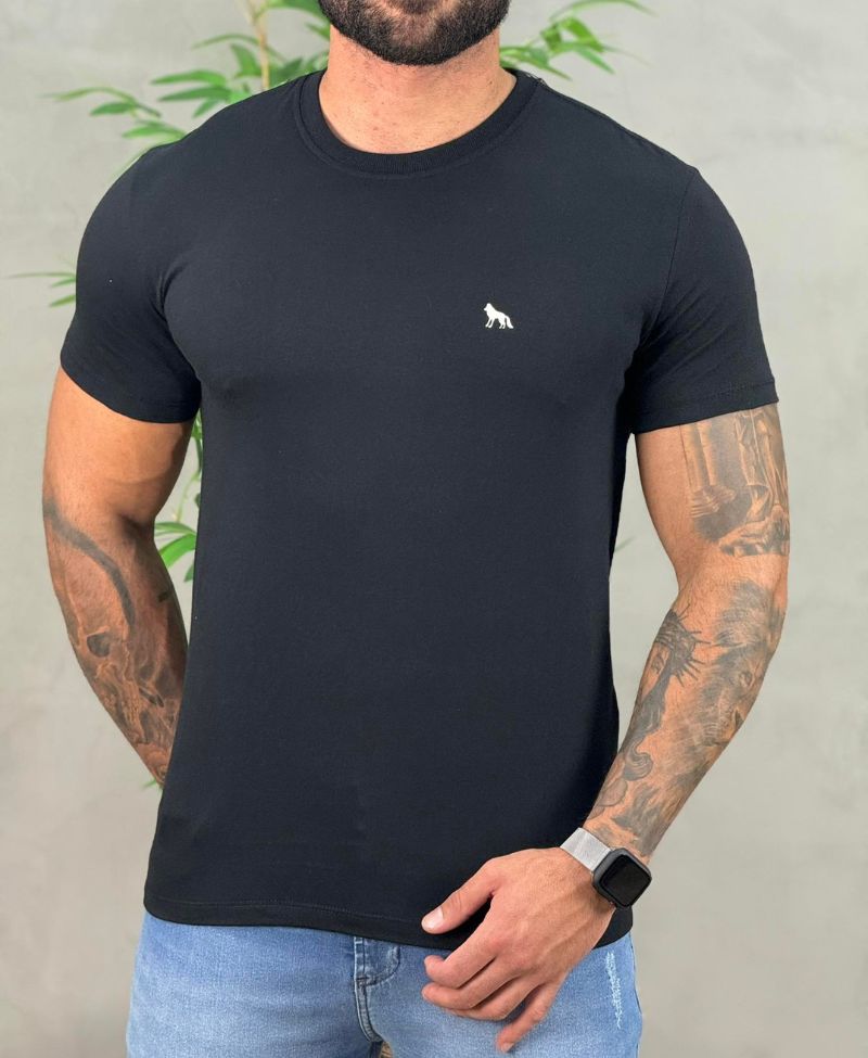 Camiseta Preta Casual Masculina Lobo Costas - Acostamento