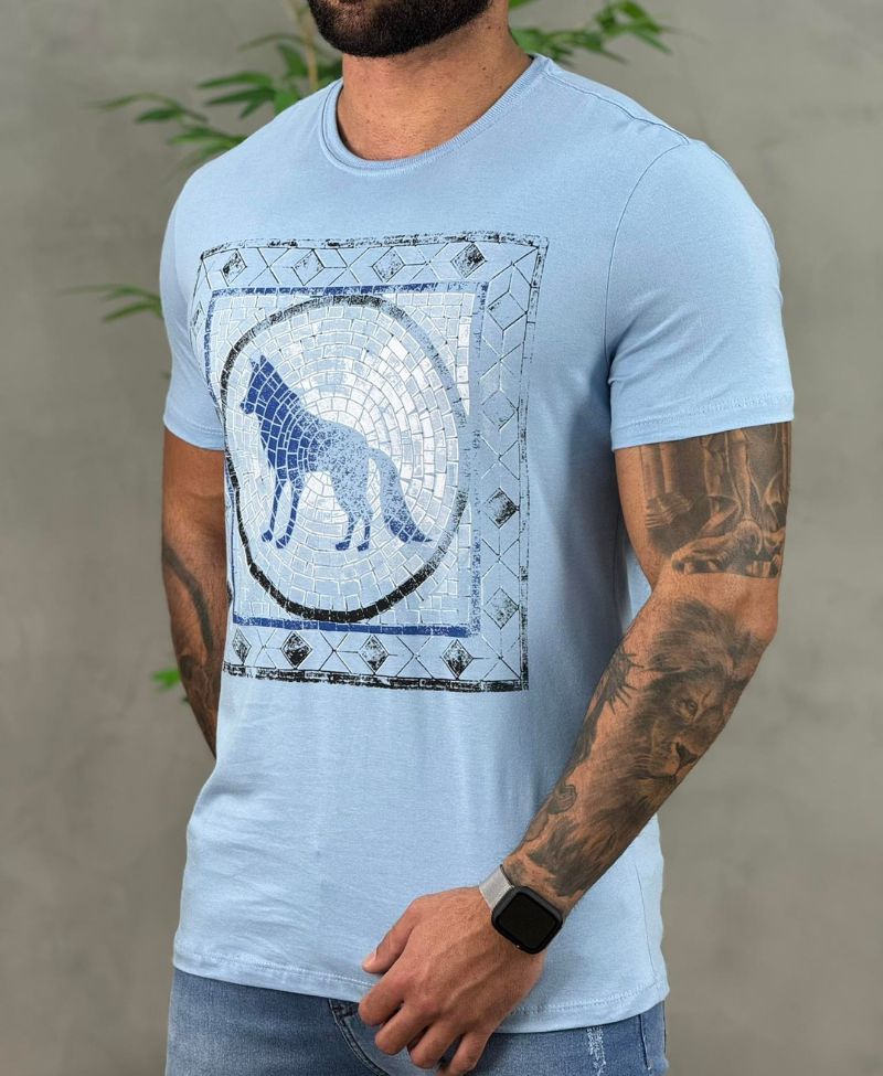 Camiseta Azul Sky Casual Masculina String Art - Acostamento