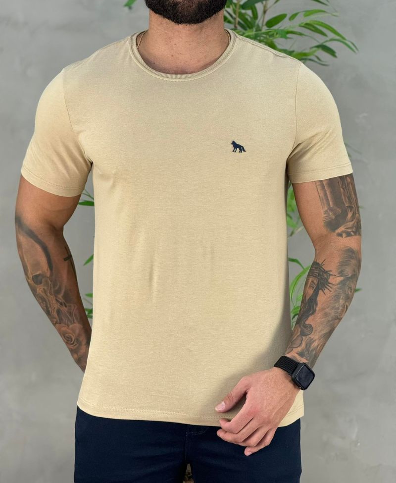 Camiseta Bege Casual Masculina Wolf - Acostamento