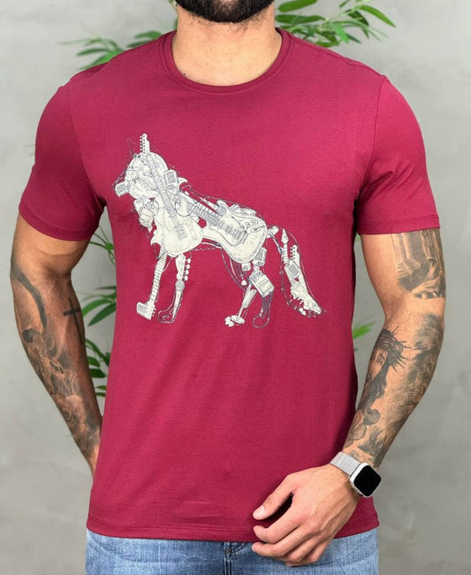 Camiseta Bordo Casual Masculina Wolf Guitar - Acostamento