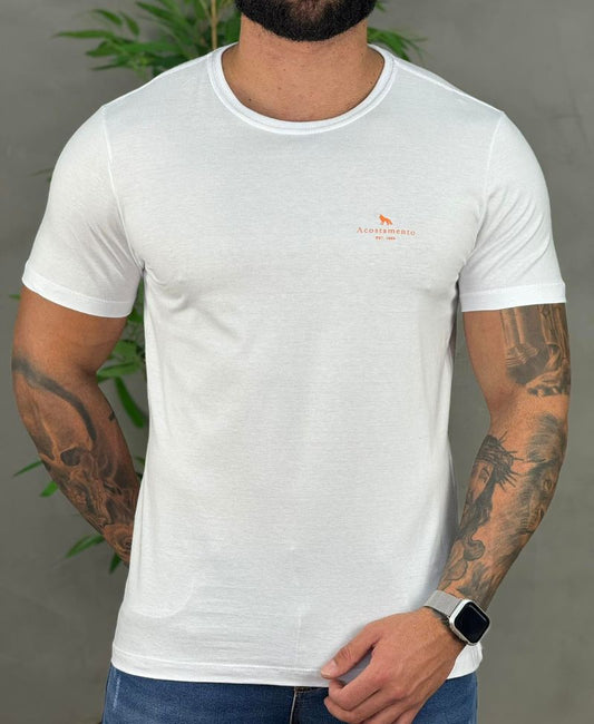Camiseta Branca Casual Masculina Com Logo No Peito - Acostamento