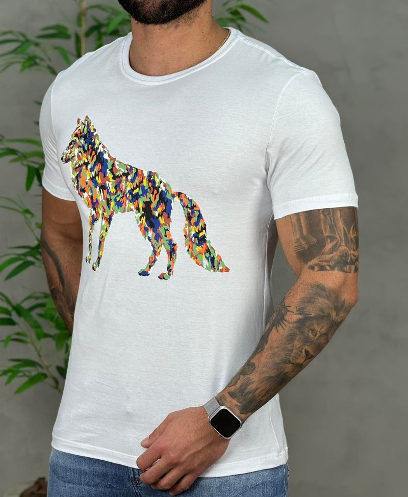 Camiseta Branca Casual Masculina Wolf Ludic - Acostamento