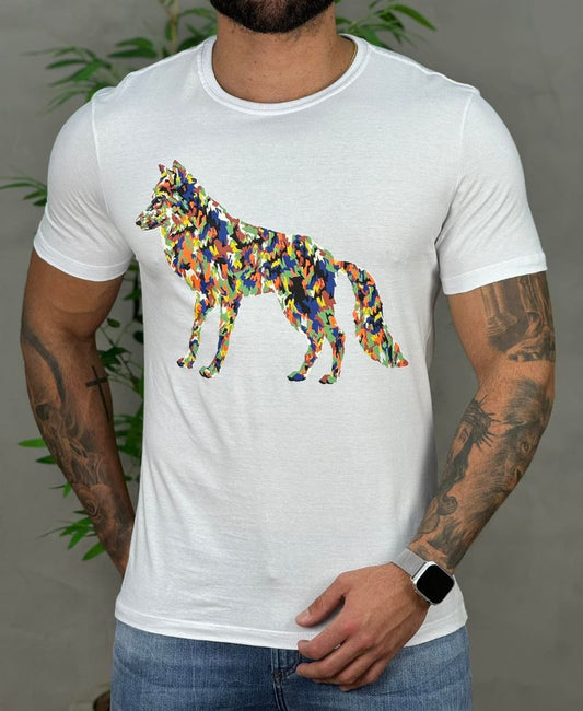 Camiseta Branca Casual Masculina Wolf Ludic - Acostamento