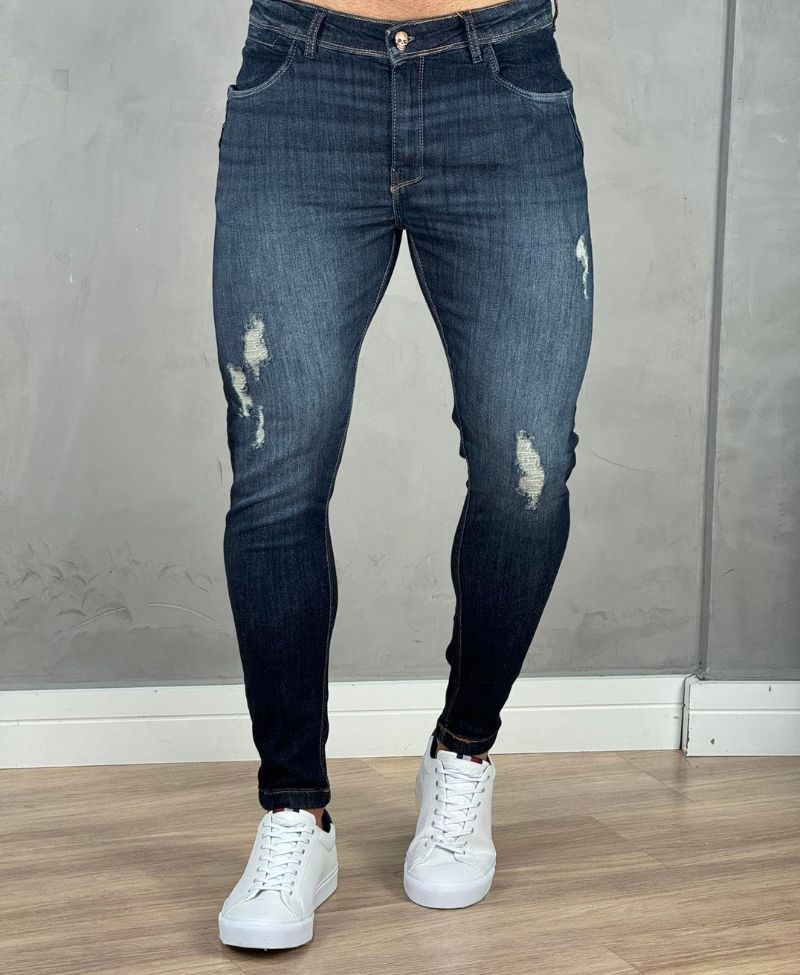 Calça Jeans Escura Masculina Skinny Com Rasgo - Jay Jones
