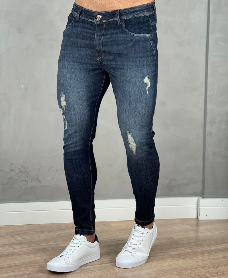 Calça Jeans Escura Masculina Skinny Com Rasgo - Jay Jones