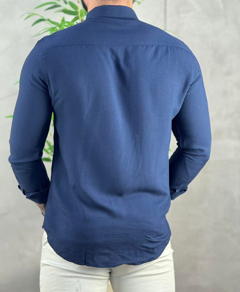 Camisa Social Azul Marinho Masculina Básica Linho - Per Pochi