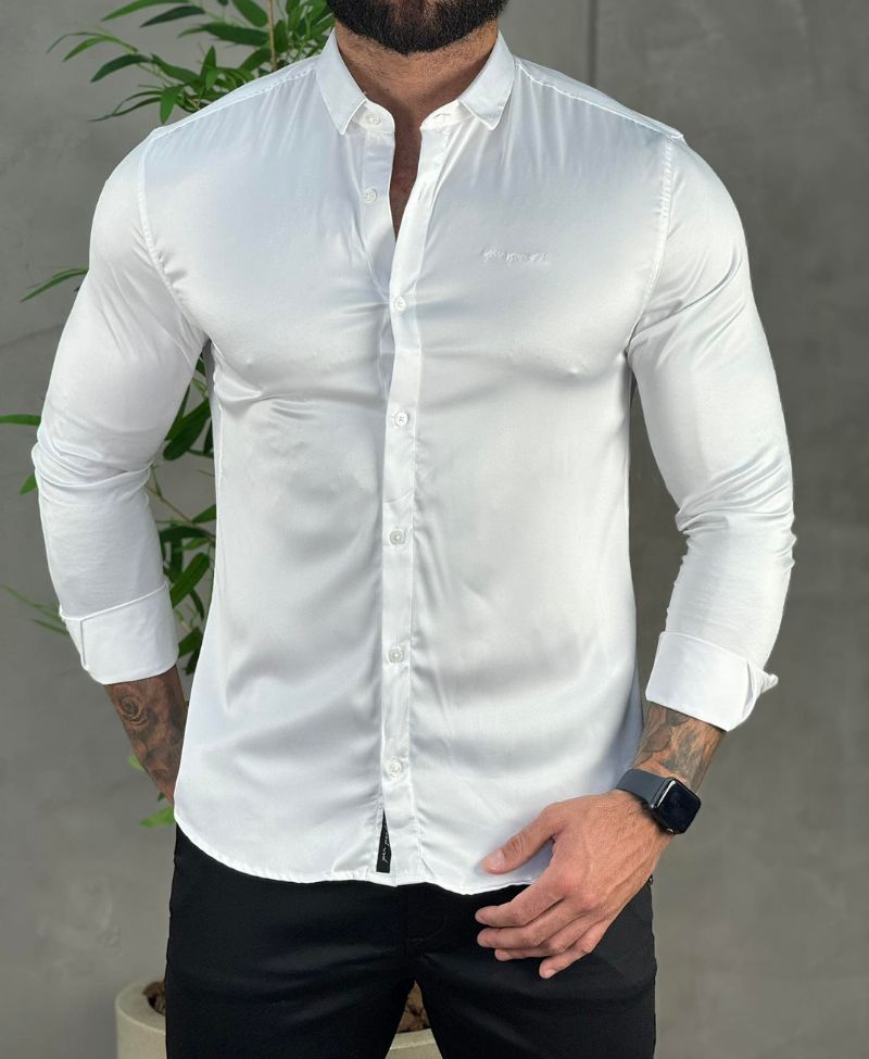Camisa Social Branca Masculina Básica Acetinada - Per Pochi