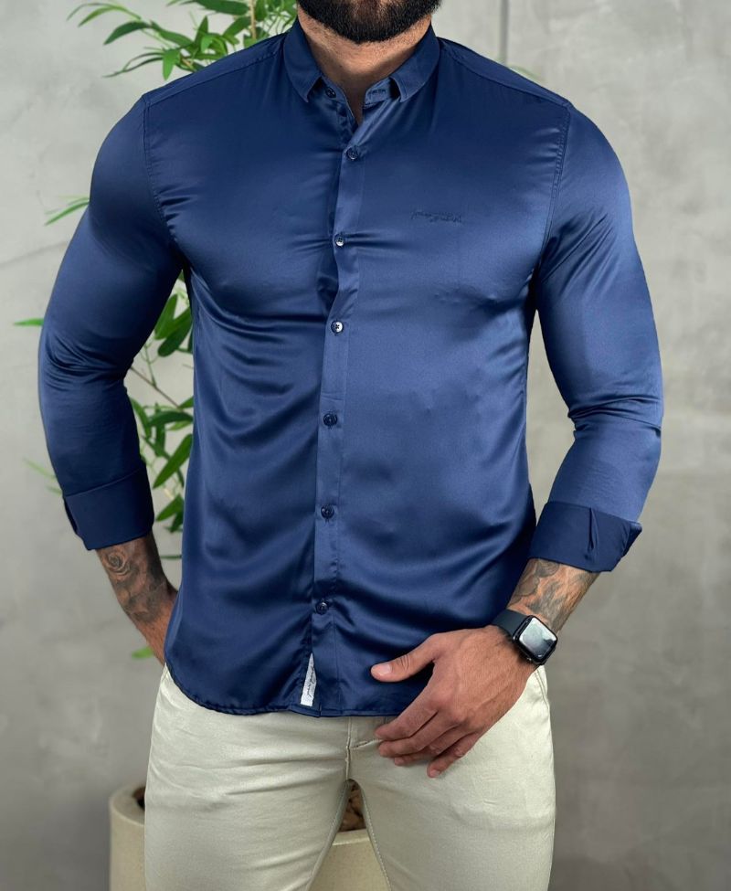 Camisa Social Azul Marinho Masculina Básica Acetinada - Per Pochi