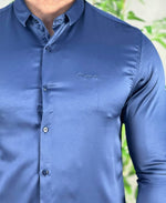 Camisa Social Azul Marinho Masculina Básica Acetinada - Per Pochi