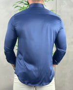 Camisa Social Azul Marinho Masculina Básica Acetinada - Per Pochi