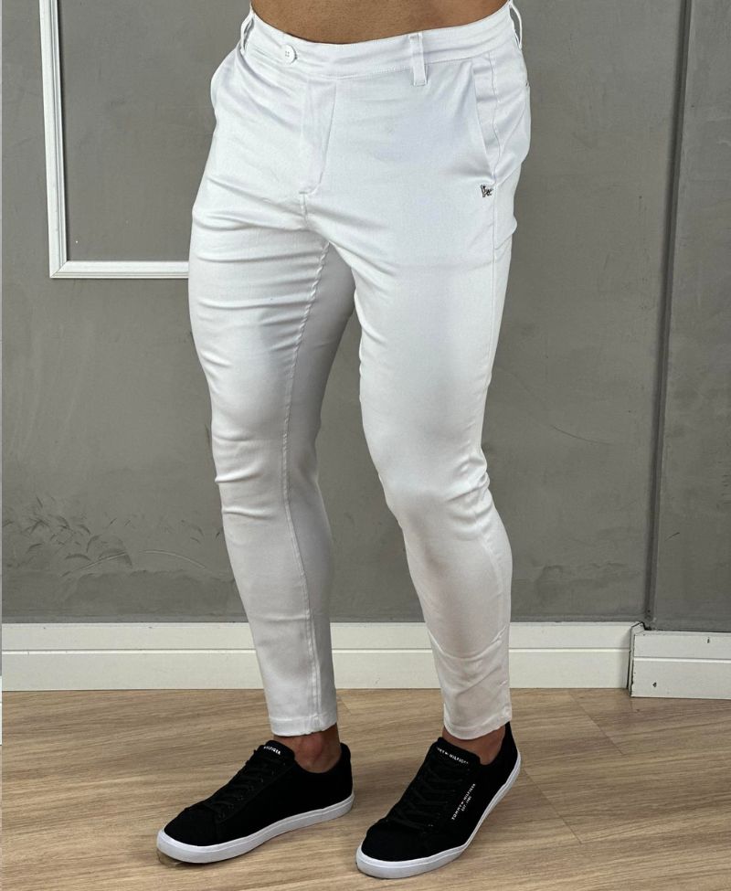 Calça Alfaiataria Branca Masculina Acetinada Skinny - Per Pochi