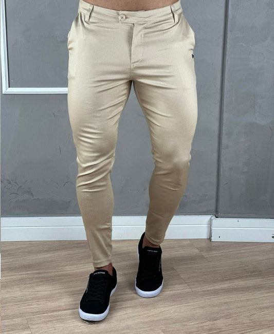 Calça Alfaiataria Bege Masculina Acetinada Skinny - Per Pochi