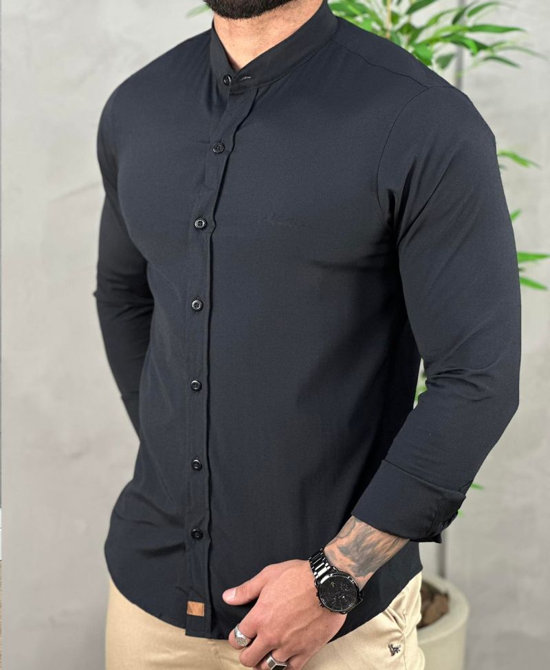 Camisa Social Preta Gola Padre Manga Longa - Paladho's Jeans Wear