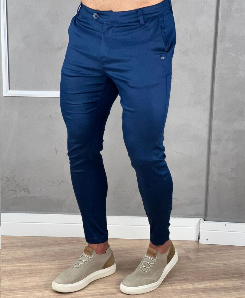 Calça Alfaiataria Azul Marinho Masculina Acetinada Skinny - Per Pochi