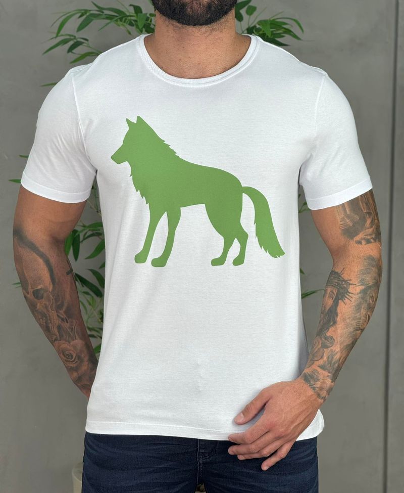 Camiseta Branco Casual Masculina Front Wolf - Acostamento