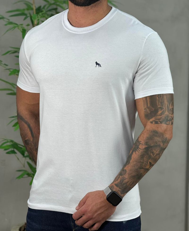 Camiseta Branco Casual Masculina Lobo Costas - Acostamento