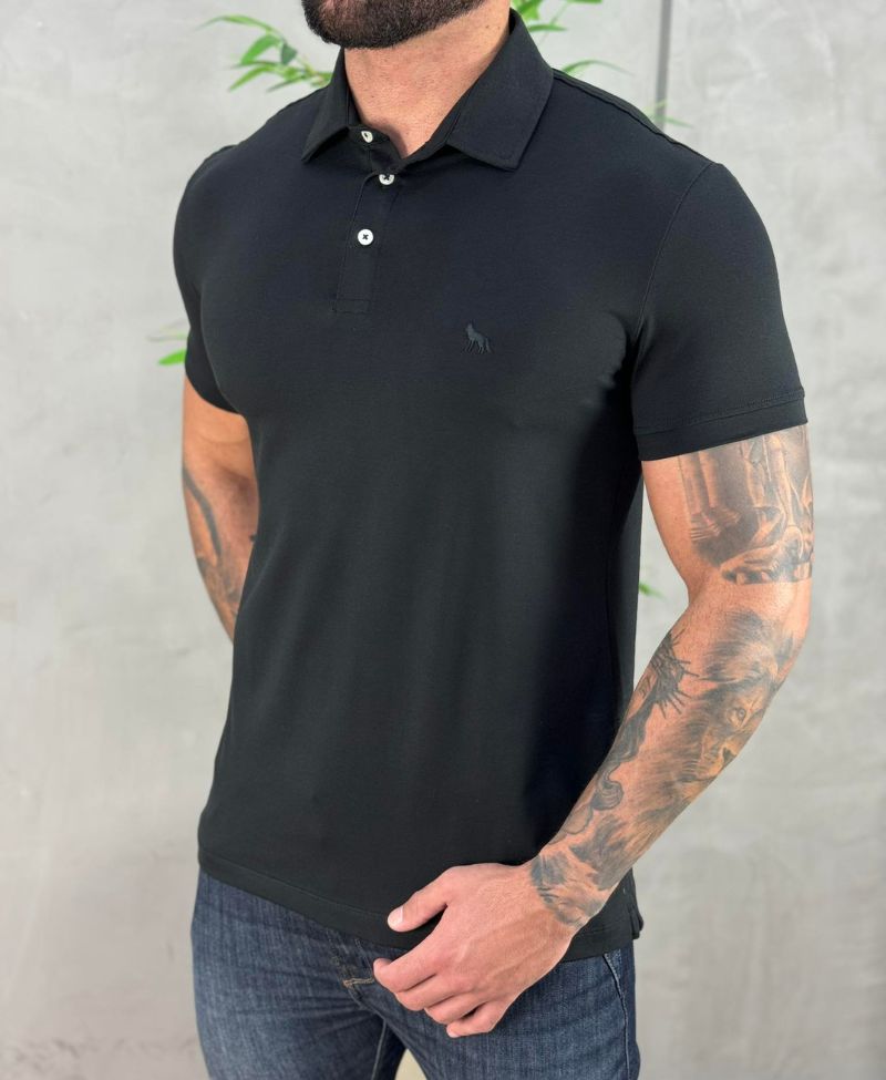 Camisa Polo Preta Masculina Logo Wolf - Acostamento