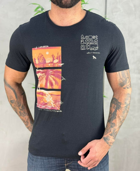 Camiseta Preta Casual Masculina Mc - Acostamento