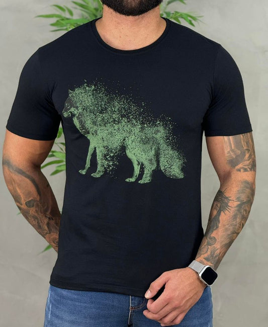 Camiseta Preta Casual Masculina Wolf Brush - Acostamento