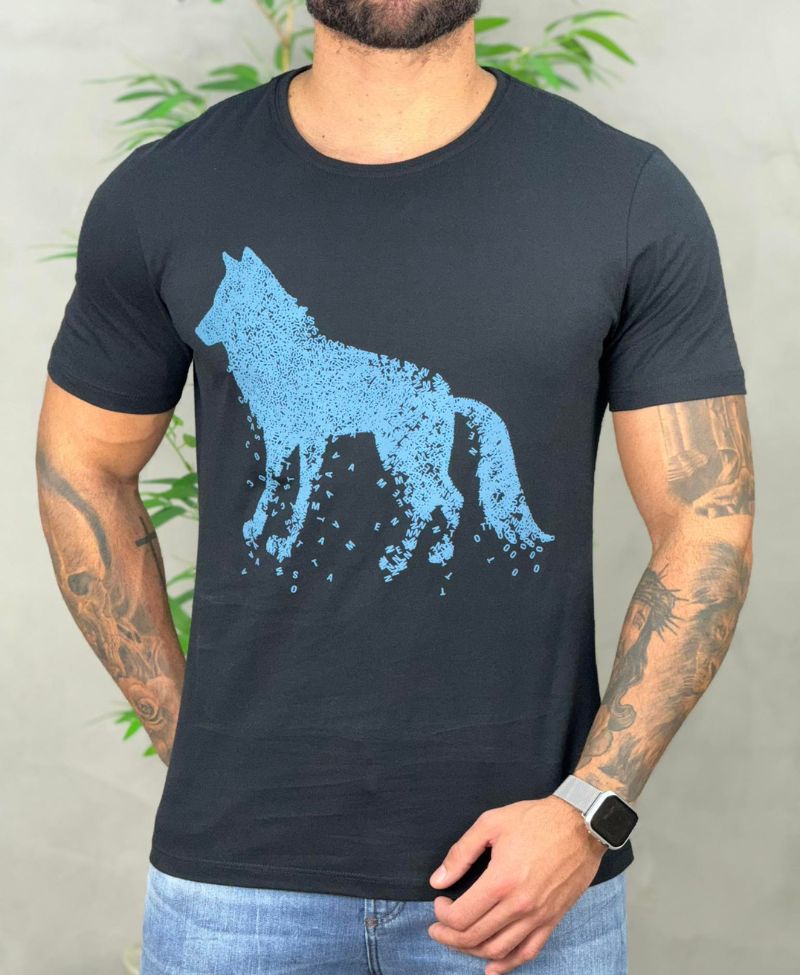 Camiseta Preta Casual Masculina Wolf Letters - Acostamento