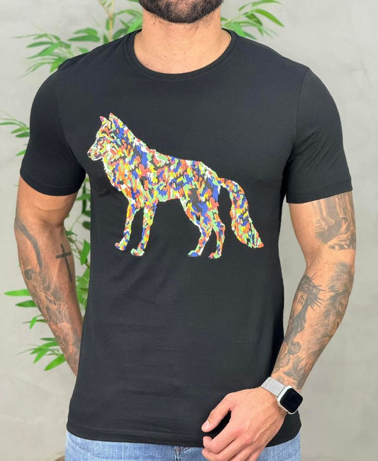 Camiseta Preta Casual Masculina Wolf Ludic - Acostamento