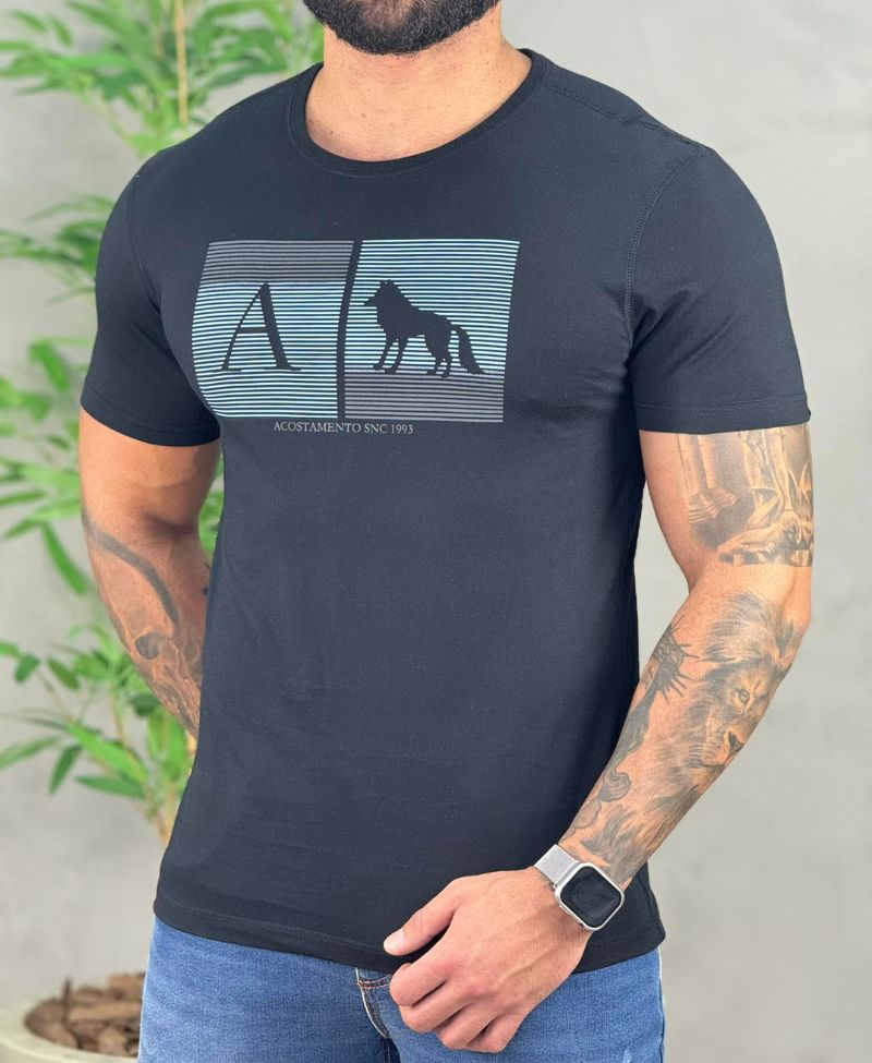 Camiseta Preto Casual Masculina Touch Linhas - Acostamento