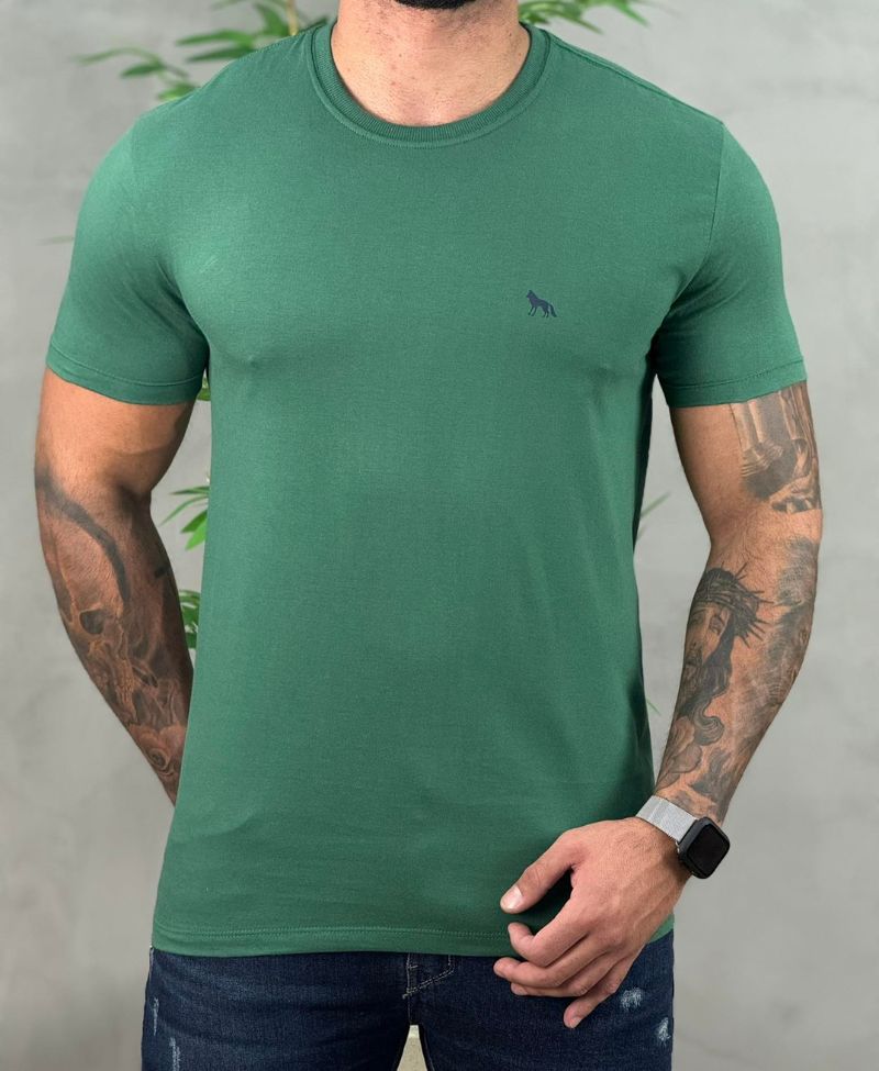 Camiseta Verde Nativo Casual Masculina Lobo Costas - Acostamento