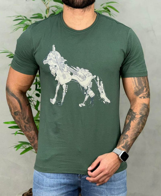 Camiseta Verde Nativo Casual Masculina Wolf Guitar - Acostamento