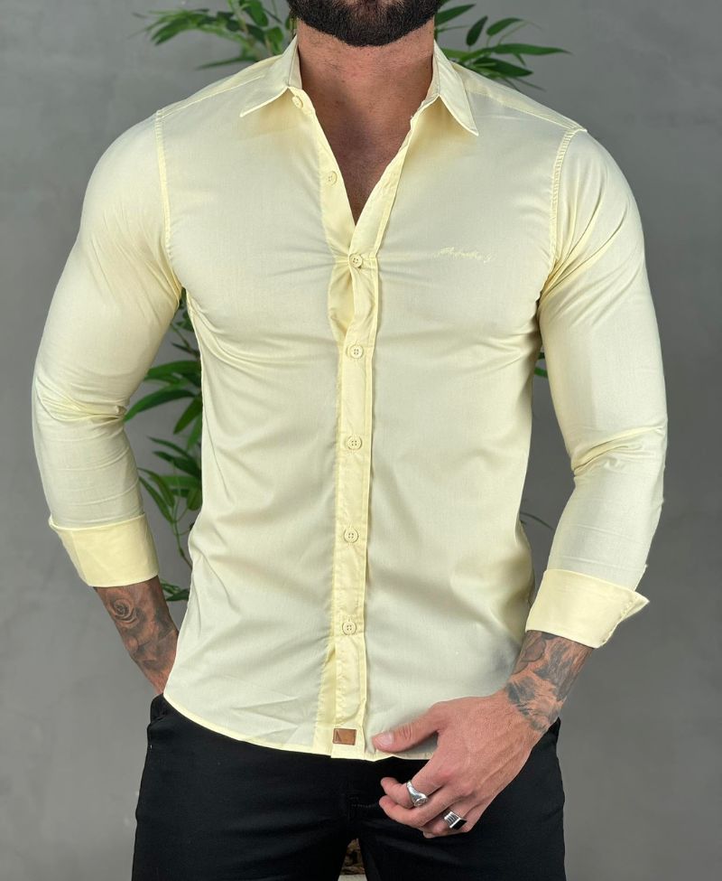 Camisa Social Amarela Masculina Acetinado Com Logo No Peito - Paladho's Jeans Wear
