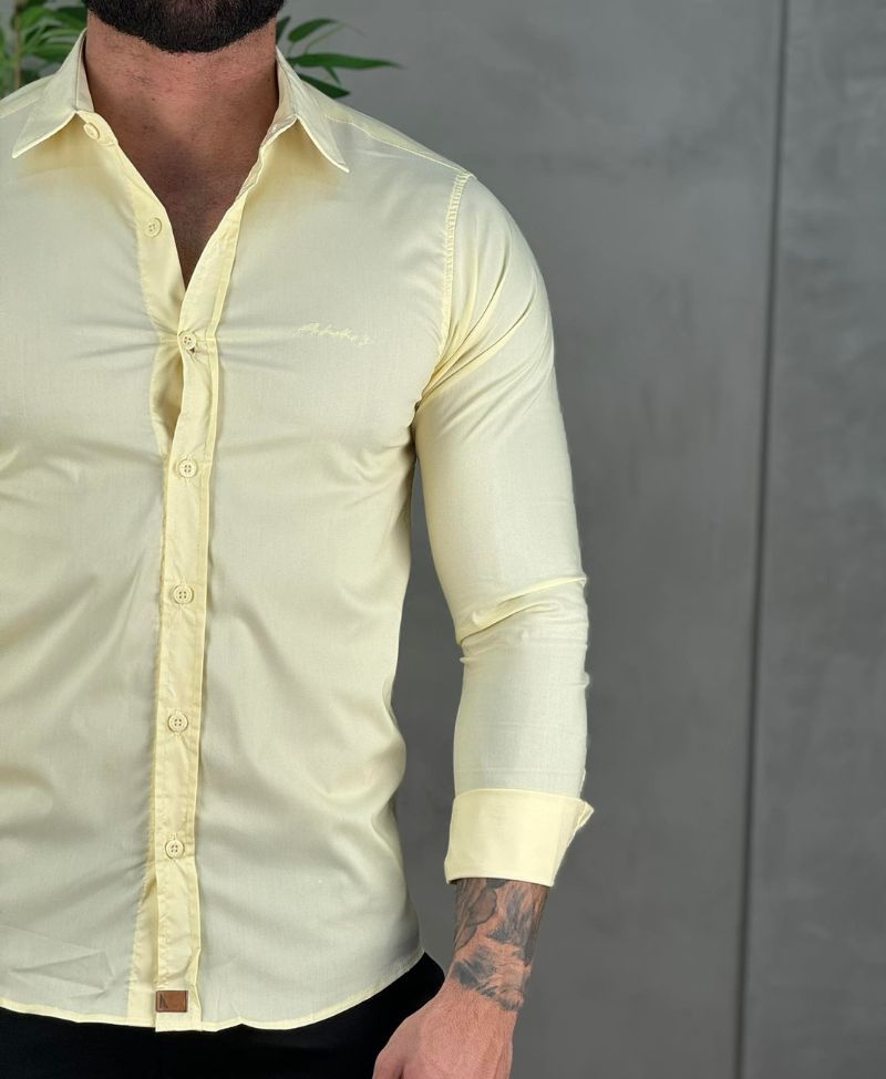 Camisa Social Amarela Masculina Acetinado Com Logo No Peito - Paladho's Jeans Wear