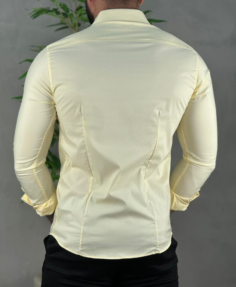 Camisa Social Amarela Masculina Acetinado Com Logo No Peito - Paladho's Jeans Wear