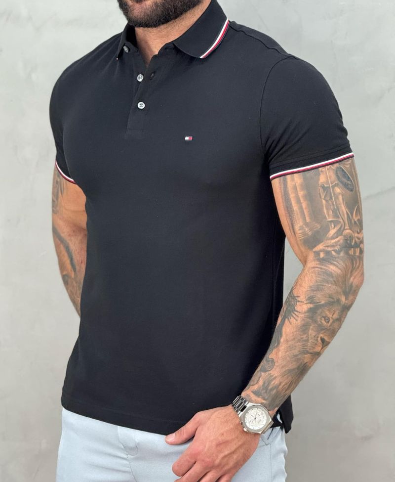 Camisa Polo Preta Masculina Slim Fit - Tommy Hilfiger