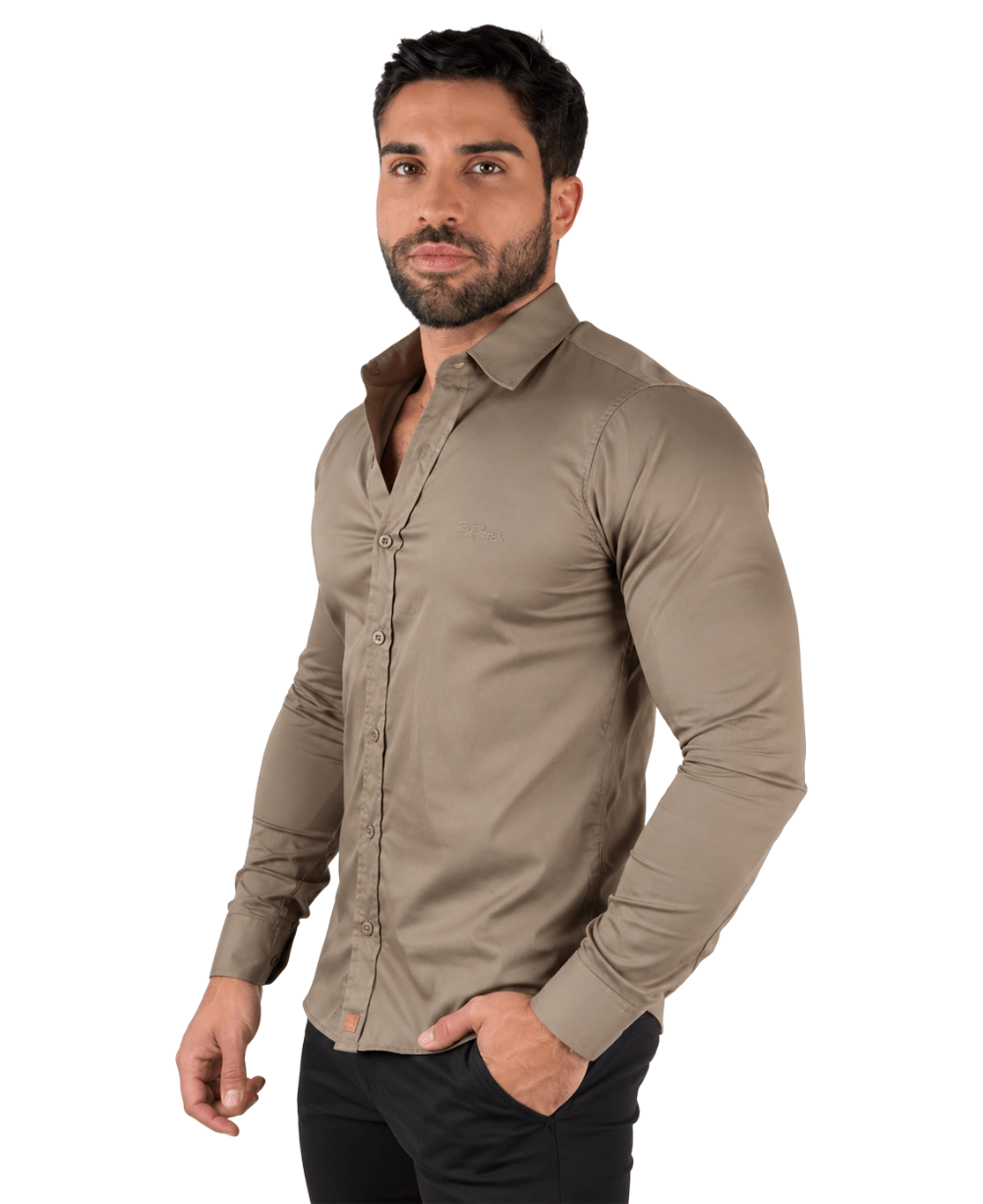 Camisa Social Caqui Masculina Acetinada - Paladhos