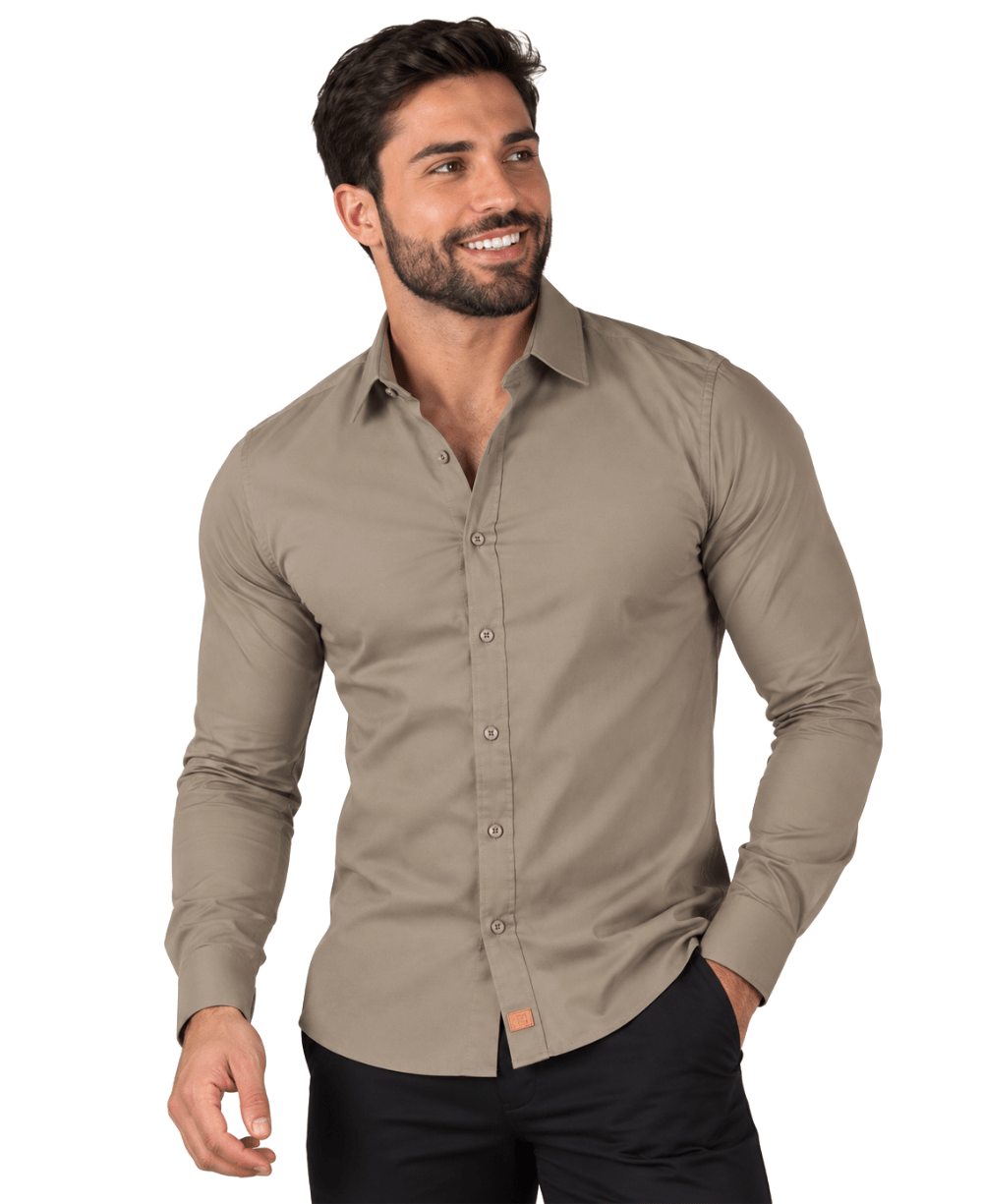 Camisa Social Caqui Masculina Acetinada - Paladhos