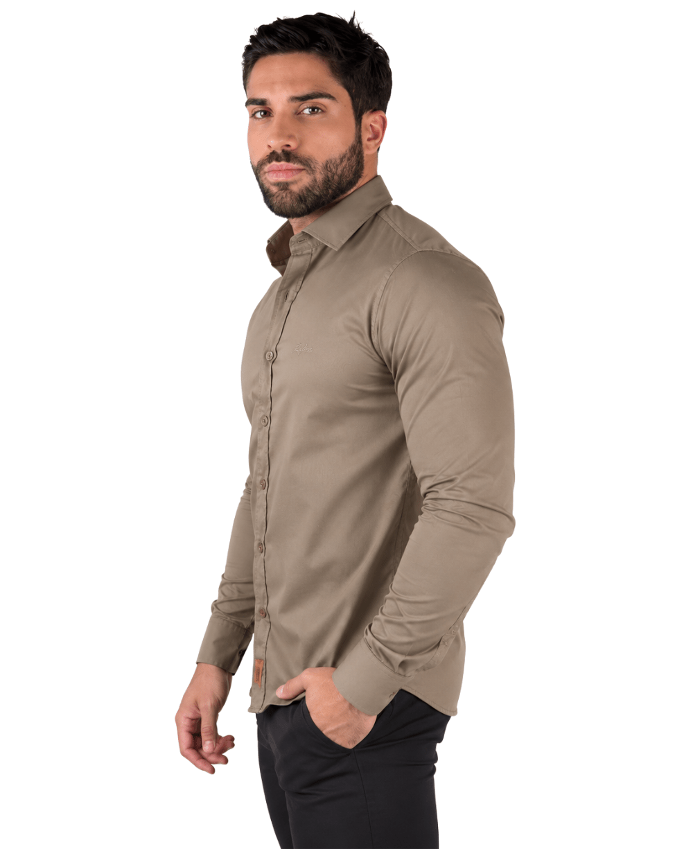Camisa Social Caqui Masculina Acetinada - Paladhos