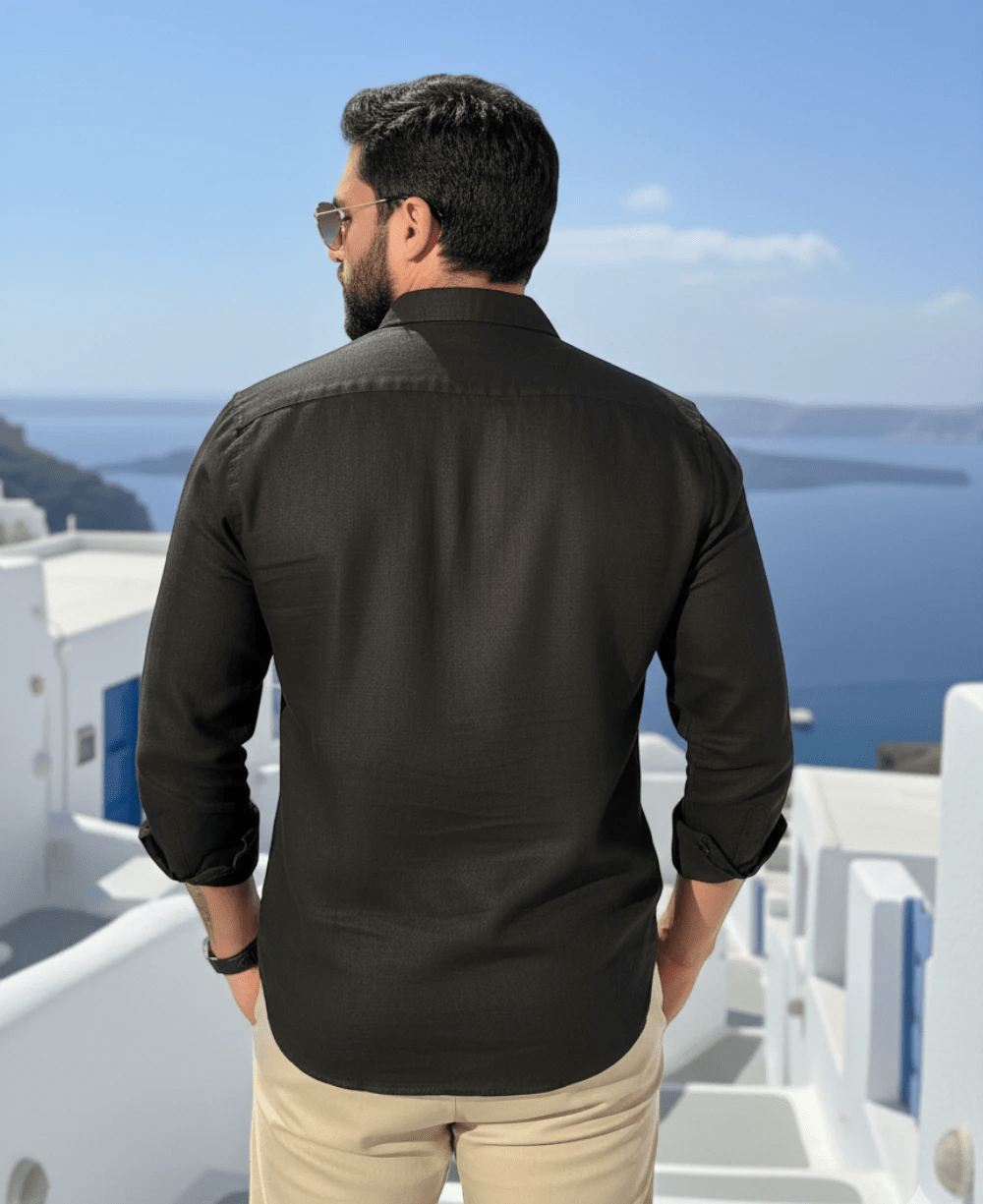 Camisa Linen Gola Tradicional Preto Masculino - Per Pochi