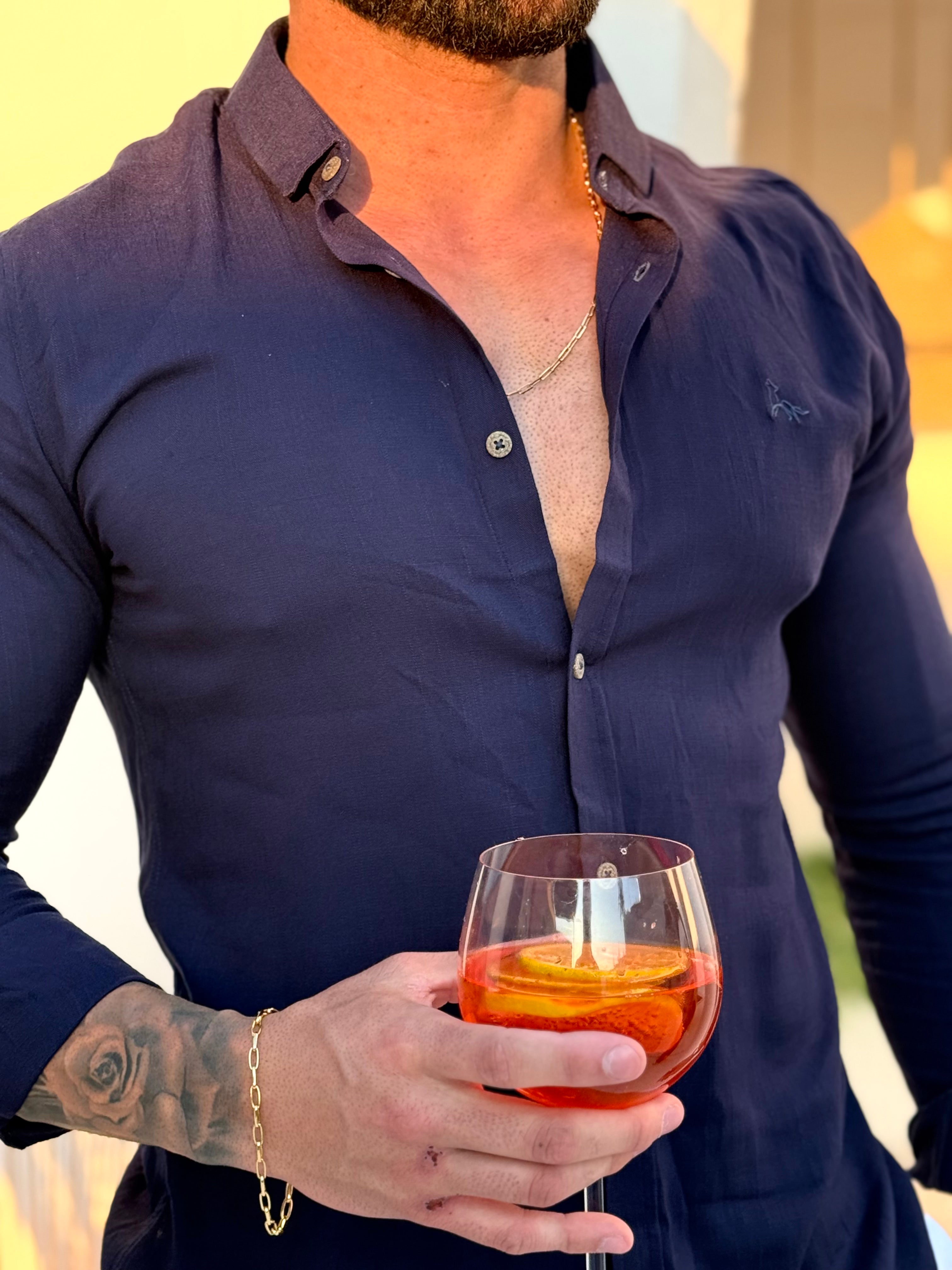 Camisa Dubai Gola Tradicional Azul Marinho Masculino - Per Pochi